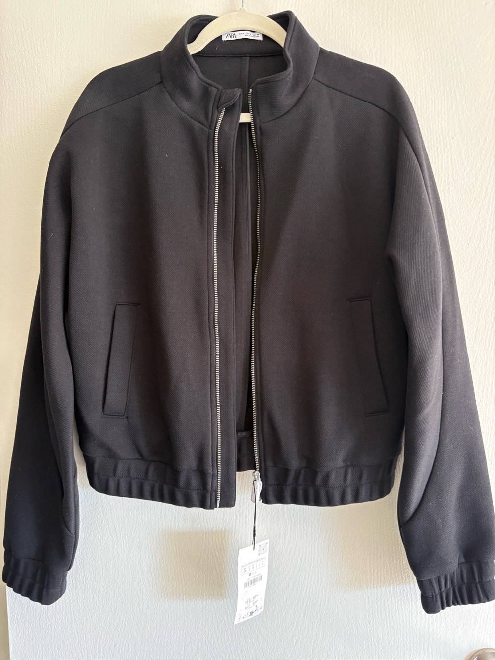 NWT Zara Women Black Ottoman Knit Bomber Jacket Cropped Full Zip Mock Neck Small